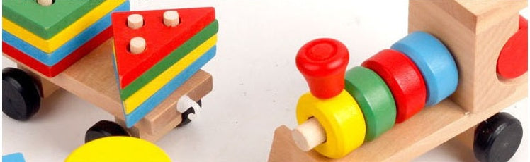 ⭐Tren de Madera Educativo para Niños | Tractor de Tres Secciones con 16 Bloques de Formas | Juguete Montessori de Arrastre y Encaje (1–6 Años)