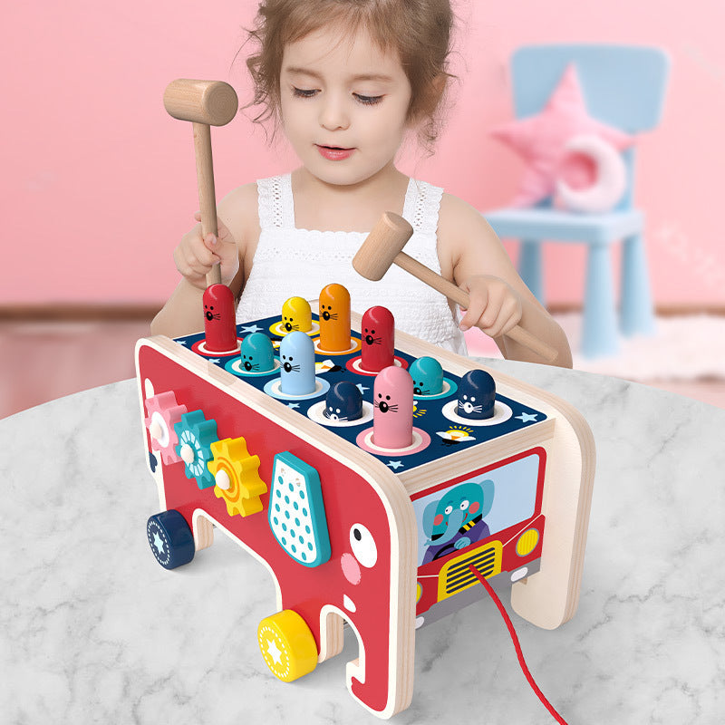 Montessori Banco de Martillar de Madera para Niños – Juguete Educativo Tipo Autobús Animal con Golpea-Gopher y Arrastre