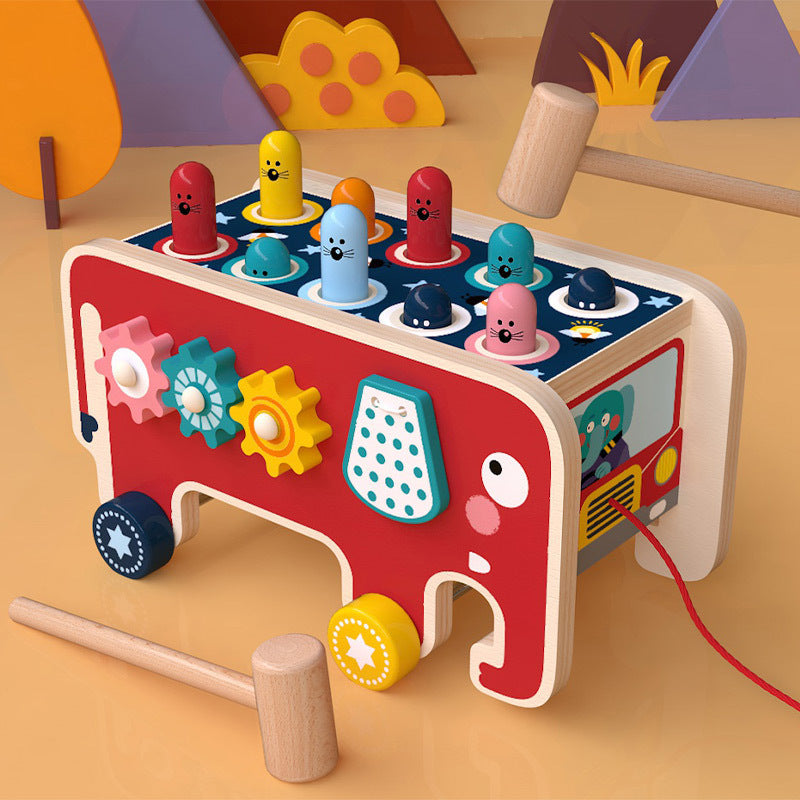 Montessori Banco de Martillar de Madera para Niños – Juguete Educativo Tipo Autobús Animal con Golpea-Gopher y Arrastre