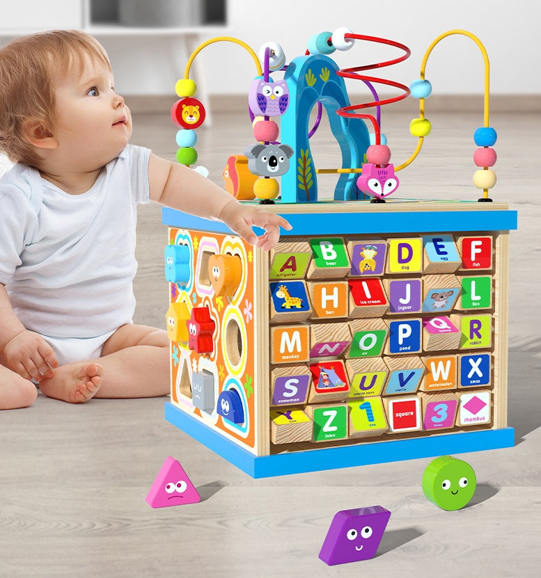 ⭐ Juguete de Madera Multifuncional para Bebés | Caja de Actividades Montessori con Laberinto de Cuentas | Niños y Niñas
