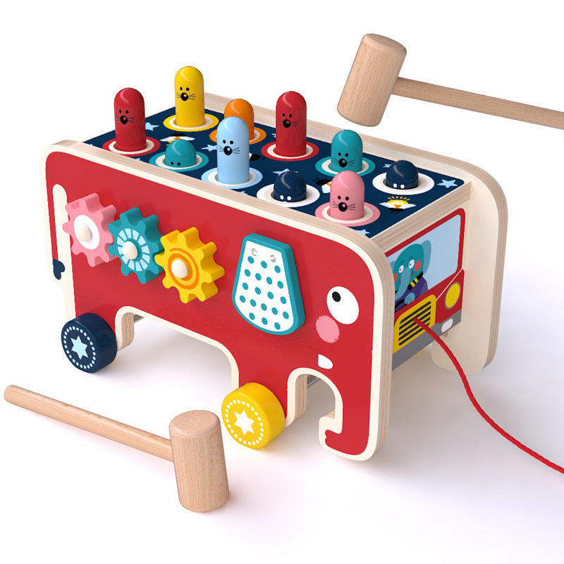 Montessori Banco de Martillar de Madera para Niños – Juguete Educativo Tipo Autobús Animal con Golpea-Gopher y Arrastre