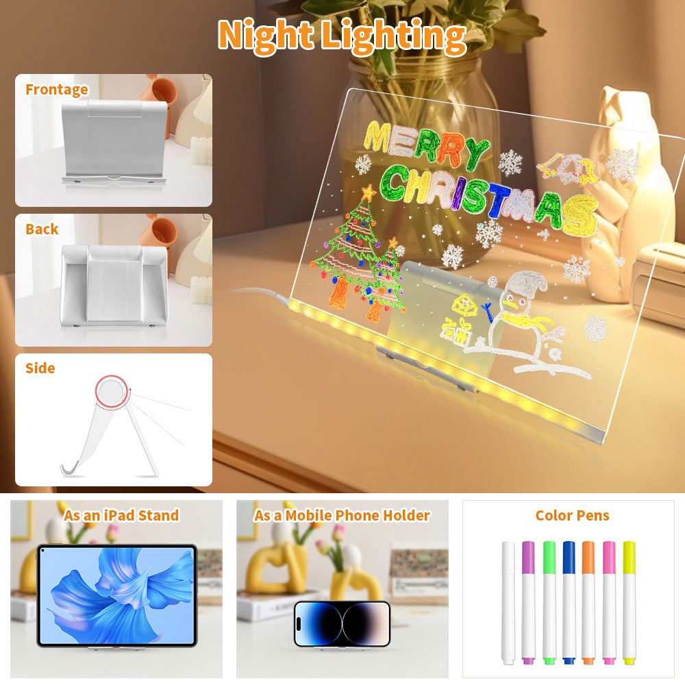 LED Acrylic Drawing Board – Tablero de Dibujo Luminoso Reescribible con Luz Nocturna, USB, Soporte y Bolígrafo | Mensajes, Decoración y Creatividad